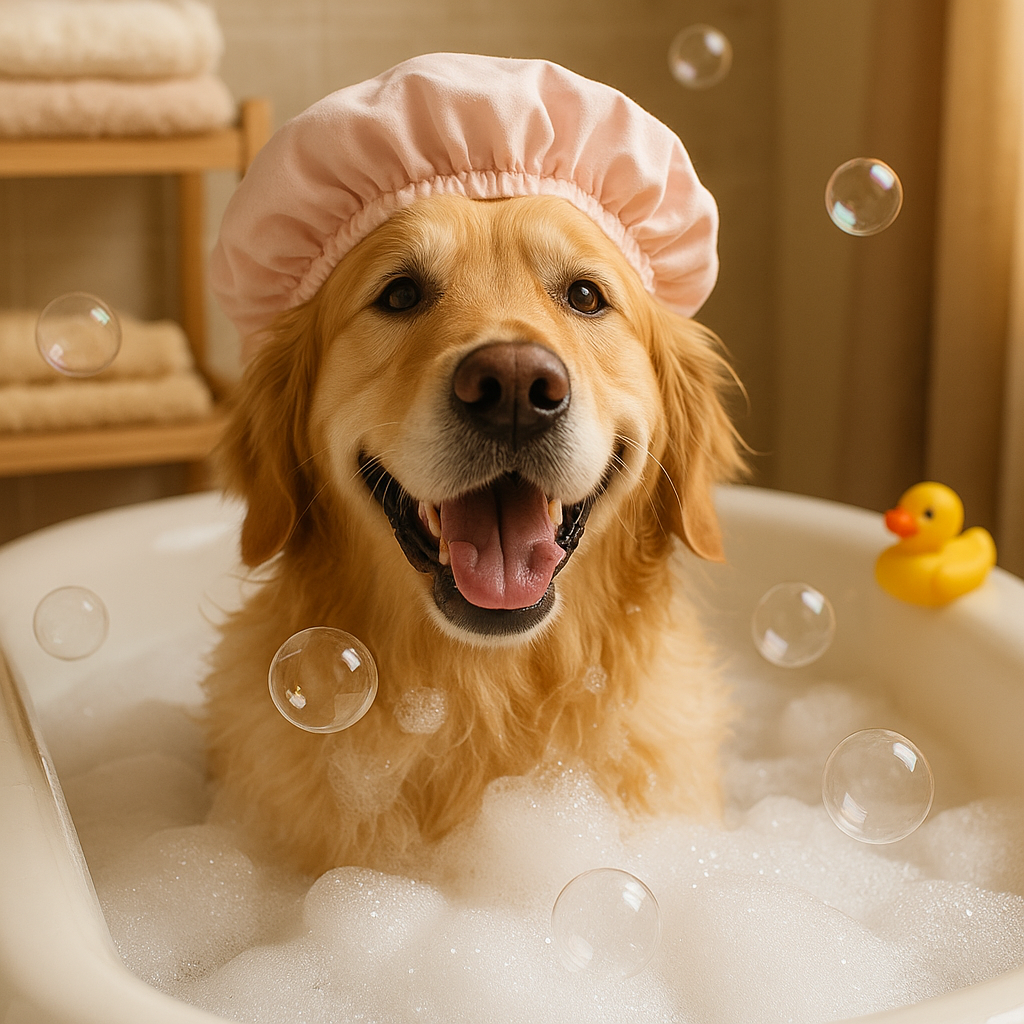 Adorable Golden Retriever with shower cap in bathtub with bubbles and rubber duck - Pup Express Orlando